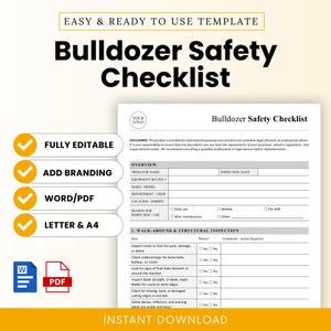 Puede incluir: Una plantilla de lista de verificación de seguridad para excavadoras blanca y amarilla con el texto "Bulldozer Safety Checklist". La lista de verificación incluye secciones para descripción general, inspección e inspección estructural. La plantilla es totalmente editable.