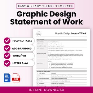 May include: A graphic design statement of work template with the title "Graphic Design Statement of Work" in large black letters. The template includes sections for project overview, objectives, and scope of services. Features include fully editable, add branding, and Word/PDF.