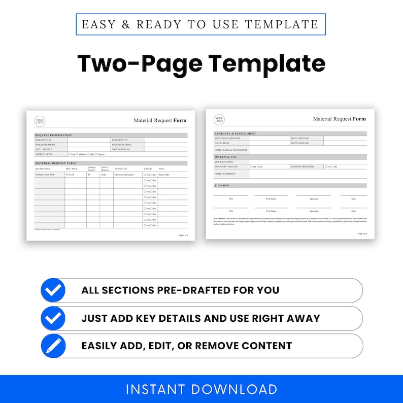 Material Request Form Template – Word & PDF, A4 + US Letter - Etsy