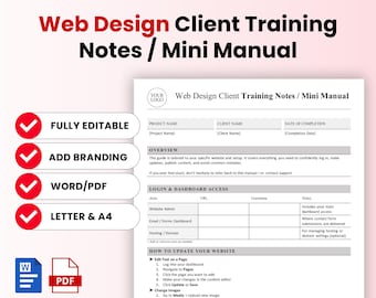 Web Design Client Training Notes / Mini Manual Template – Word & PDF, A4 + US Letter