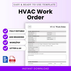 Può includere: Un modello di ordine di lavoro HVAC bianco con testo nero. Il documento include sezioni per i dettagli dell'ordine, le informazioni sul cliente, i dettagli del lavoro e la descrizione del problema. Il modello è completamente modificabile, consente il branding ed è disponibile in formati Word/PDF.