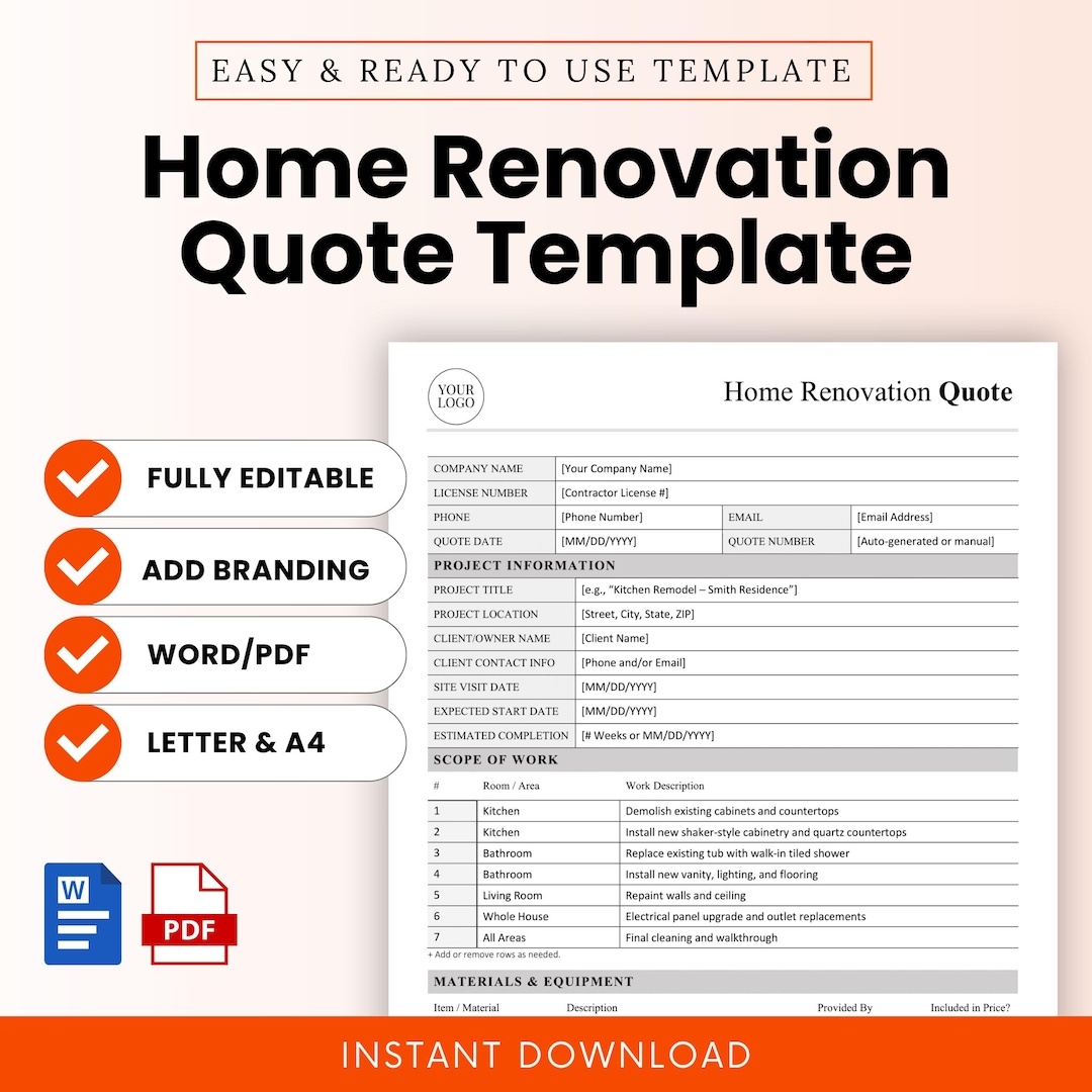 Home Renovation Quote Template Word & PDF, A4 + US Letter Etsy — free download