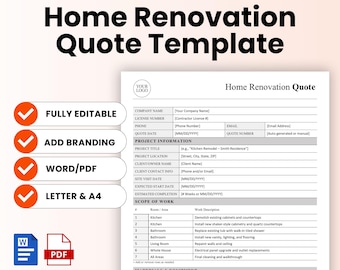 May include: A Home Renovation Quote Template with a white background and black text. The template includes sections for company information, project details, and scope of work. Features include fully editable, add branding, Word/PDF, and Letter & A4.
