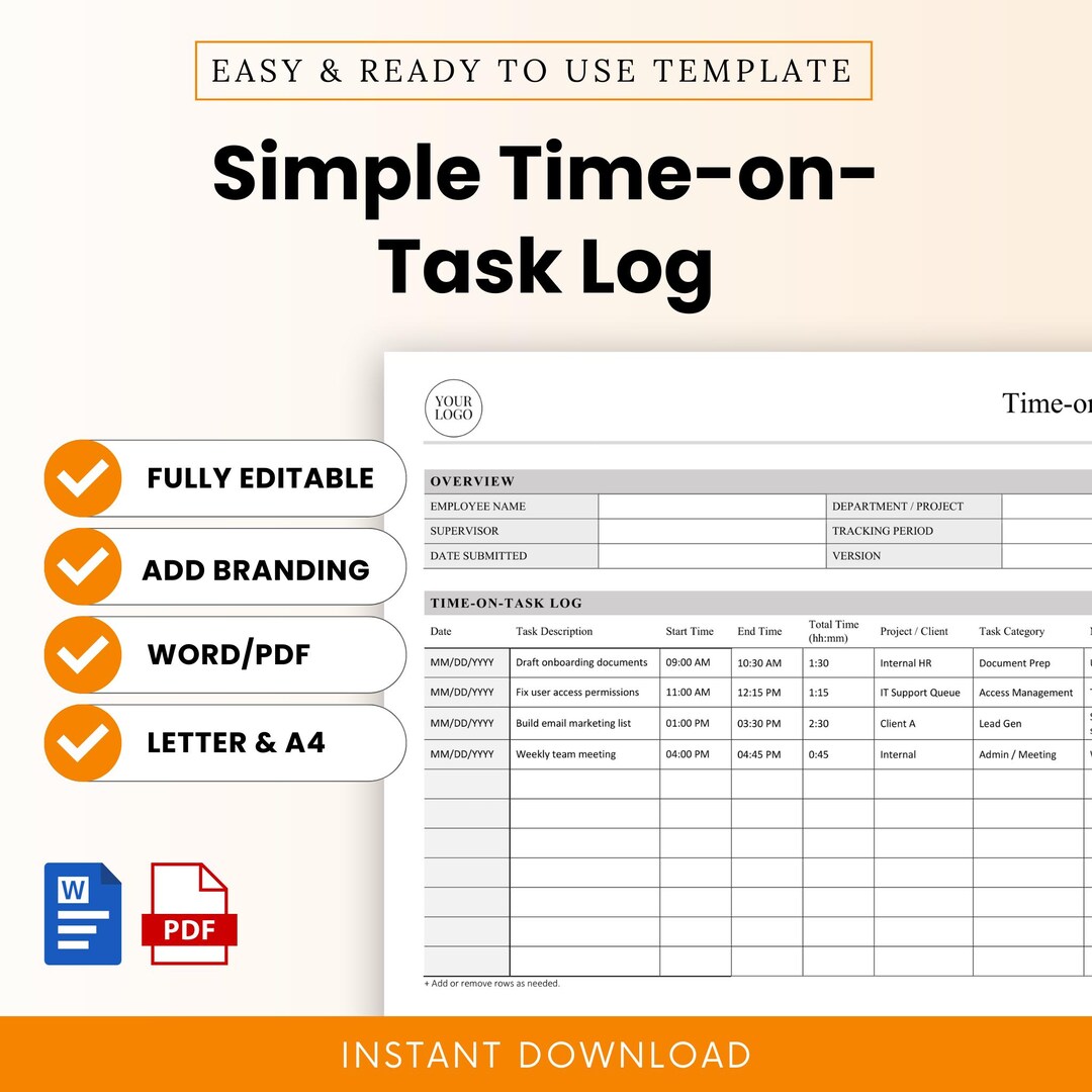 Simple Time-on-task Log Template – Word & PDF, A4 + US Letter - Etsy