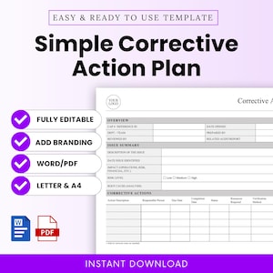 Op de afbeelding: Een witte Simple Corrective Action Plan-sjabloon met paarse accenten. De sjabloon bevat secties voor overzicht, probleem samenvatting en corrigerende acties. Tekst bevat "Volledig bewerkbaar" en "Direct downloaden."