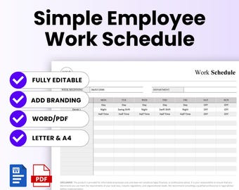 Employee Work Schedule Template (Word, PDF) | Simple Work Schedule Template Word, Weekly Schedule Template Word, Daily Schedule Template