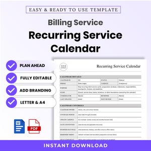 Op de afbeelding: Een digitaal sjabloon voor een terugkerende servicekalender voor facturering met secties voor kalenderdetails en besturingselementen. Het document bevat velden voor ID, status, periode, cadans, doel, reikwijdte, coördinator, beoordelaar en datums. Inclusief Word- en PDF-pictogrammen.