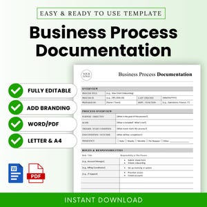 Peut inclure: Un modèle de documentation des processus métier avec le titre "Business Process Documentation". Le modèle comprend des sections pour la vue d'ensemble, la vue d'ensemble du processus et les rôles et responsabilités. Caractéristiques : entièrement modifiable, ajouter une marque, Word/PDF et Lettre & A4.
