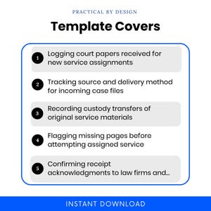 Process server use cases for the Document Receipt Log, including logging court papers, tracking incoming case files, recording custody transfers, flagging missing pages, and confirming receipt acknowledgments.