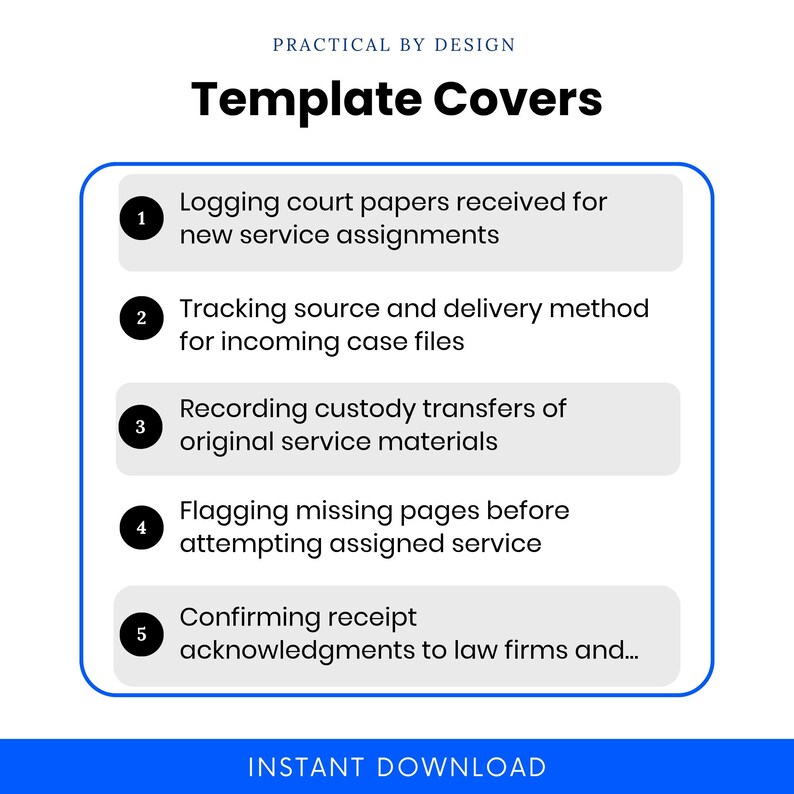 Process server use cases for the Document Receipt Log, including logging court papers, tracking incoming case files, recording custody transfers, flagging missing pages, and confirming receipt acknowledgments.