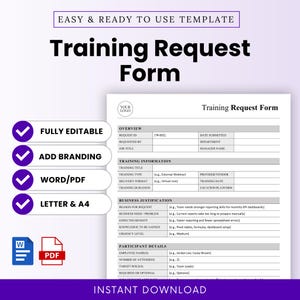 Peut inclure: Modèle de formulaire de demande de formation imprimable avec un design épuré et professionnel. Comprend des sections pour l'aperçu, les informations de formation, la justification commerciale et les détails des participants. Entièrement modifiable, personnalisable, Word/PDF, formats A4.