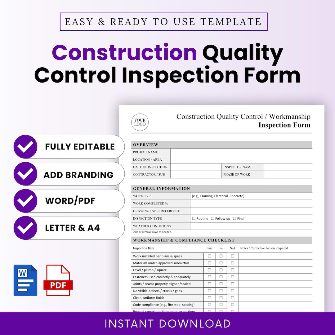 Quality Control Inspection Report Form Construction Quality Control / Workmanship Inspection Form Template ...
