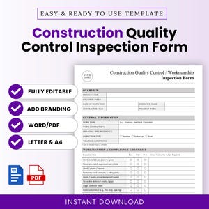 Puede incluir: Una plantilla de formulario de inspección de control de calidad de la construcción con el texto "Construction Quality Control Inspection Form". Incluye "Totalmente editable", "Agregar marca", "Word/PDF" y "Carta y A4". El formulario incluye secciones para descripción general, información general y una lista de verificación de mano de obra.