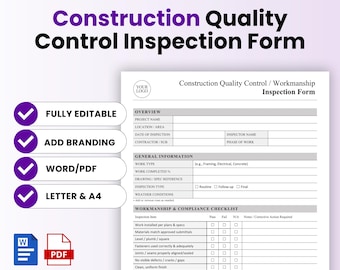 Construction Quality Control / Workmanship Inspection Form Template – Word & PDF, A4 + US Letter