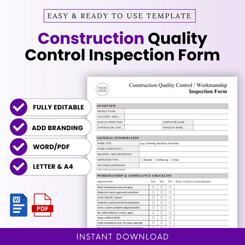 Construction Quality Control Inspection Form template with editable fields, branding options, and compatibility with Word and PDF; shown with checklist layout and bold headline for contractors and site managers.