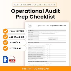 May include: A white and black Operational Audit Prep Checklist template. The checklist includes sections for audit scope, period, and pre-audit planning. Features include fully editable, add branding, Word/PDF, and Letter & A4 options. Instant download available.