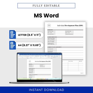 editable individual development plan template in Microsoft Word format, IDP docx file, professional HR document, career planning worksheet editable template