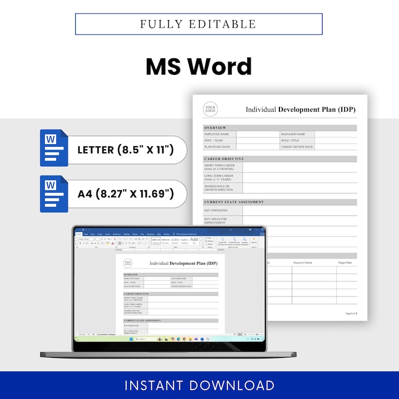 editable individual development plan template in Microsoft Word format, IDP docx file, professional HR document, career planning worksheet editable template