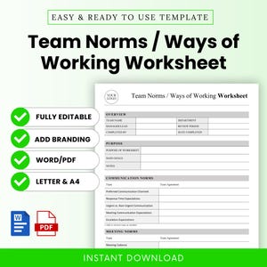 May include: A white worksheet titled "Team Norms / Ways of Working Worksheet" with sections for team information, communication, and meeting norms. The image includes the text "Fully Editable," "Add Branding," "Word/PDF," and "Letter & A4."