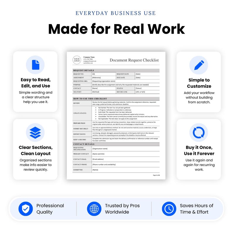 Document Request Checklist made for real litigation support work, with structured fields for requested records, source materials, due dates, status updates, questions, exceptions, and delivery details.