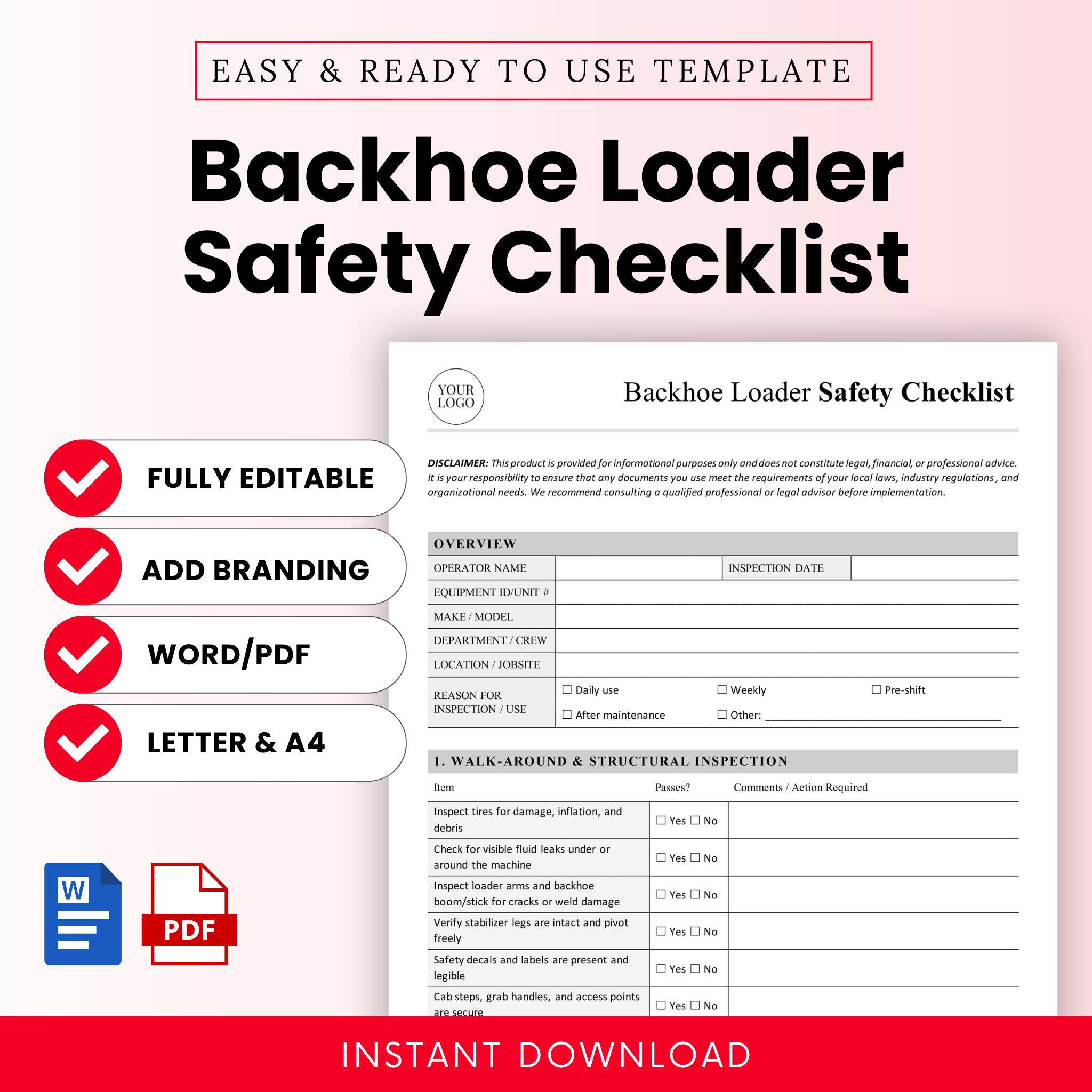 Backhoe Checklist.pdf Backhoe Loader Safety Checklist Template – Word & PDF, A4 + US Letter ...