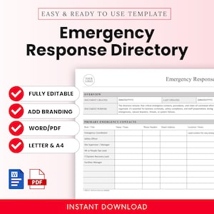 以下が含まれることがあります： 「Emergency Response Directory」というタイトルの白いドキュメント。赤いチェックマークと「完全に編集可能」、「ブランドの追加」、「Word/PDF」、「Letter & A4」という言葉があります。このドキュメントには、緊急連絡先と概要のセクションが含まれています。