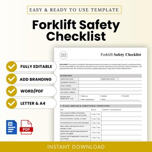 May include: A white Forklift Safety Checklist template with black text. The checklist includes sections for overview, inspection details, and walk-around inspection. Features include fully editable, add branding, Word/PDF, and Letter & A4 options.