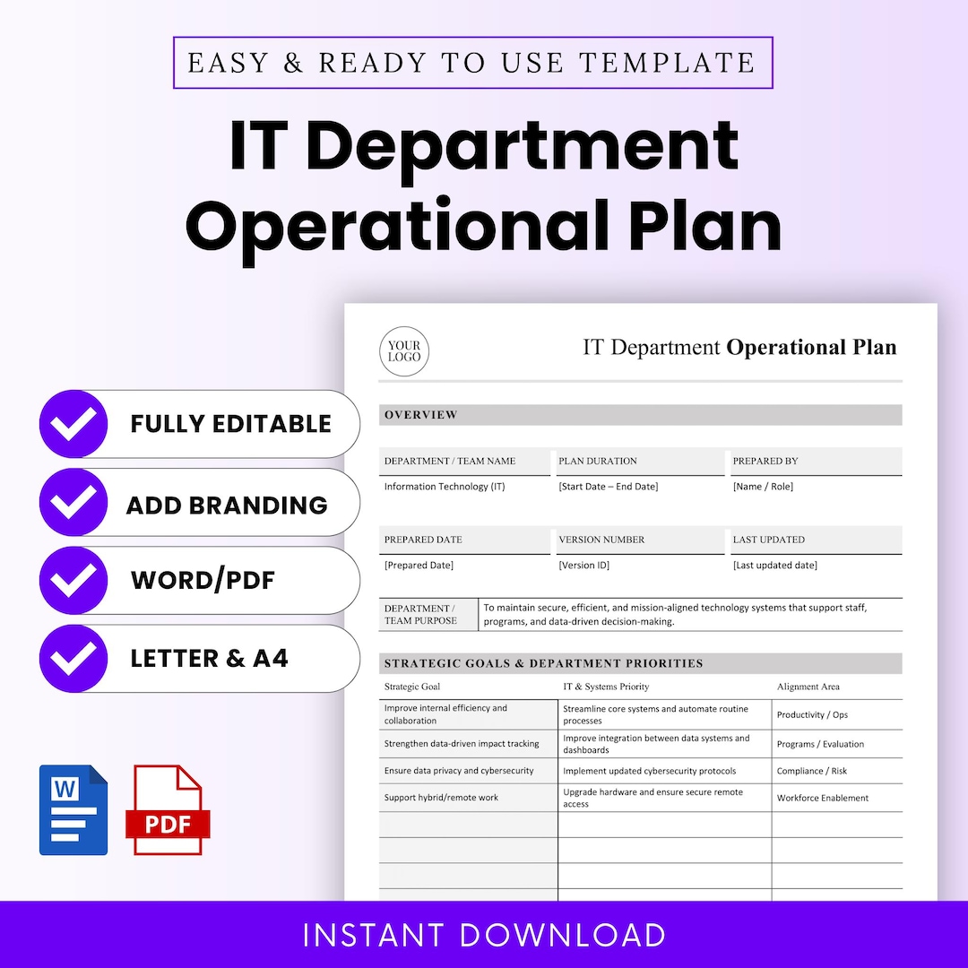 IT Department Operational Plan Template – Word & PDF, A4 + US Letter - Etsy