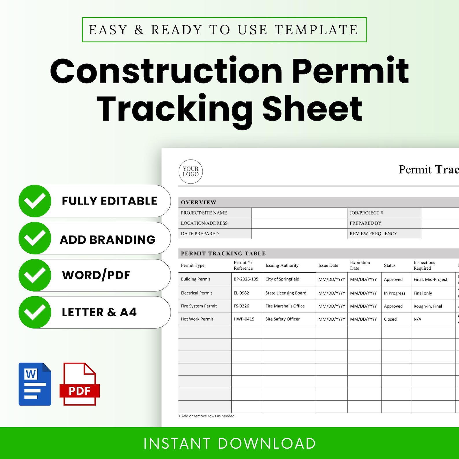 Construction Permit Tracking Sheet Template – Word & PDF, A4 + US ...