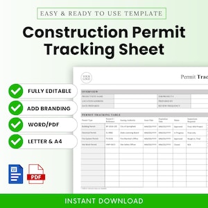 Peut inclure: Un modèle de feuille de suivi des permis de construire avec le texte "Construction Permit Tracking Sheet". Les fonctionnalités incluent "Entièrement modifiable", "Ajouter une marque" et "Word/PDF". La feuille comprend des sections pour les détails des permis et les informations sur le projet.