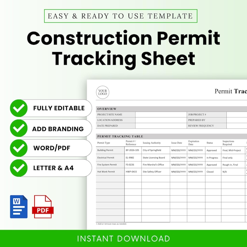 Construction Permit Tracking Sheet Template – Word & PDF, A4 + US ...