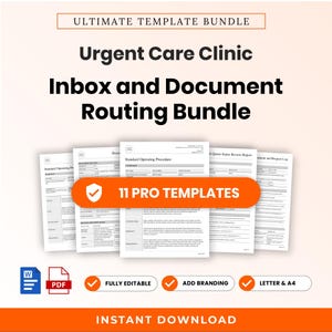 Könnte beinhalten: Ein digitales Dokumentenpaket mit dem Titel Ultimate Template Bundle für die Posteingangs- und Dokumentenverwaltung einer Notfallklinik. Es enthält 11 professionelle, bearbeitbare Vorlagen in Word- und PDF-Formaten für A4 und Letter.