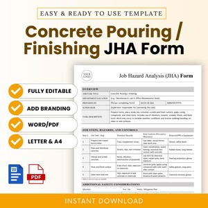 Puede incluir: Un formulario JHA blanco y amarillo para vertido y acabado de hormigón, titulado "Concrete Pouring / Finishing JHA Form". El formulario detalla tareas, peligros y medidas de seguridad. Totalmente editable y disponible en Word/PDF.