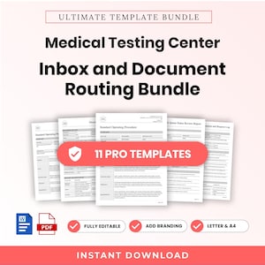 May include: A digital bundle of 11 professional medical testing center templates for inbox and document routing. Includes standard operating procedures and review reports in Word and PDF formats, fully editable for letter and A4 paper sizes.