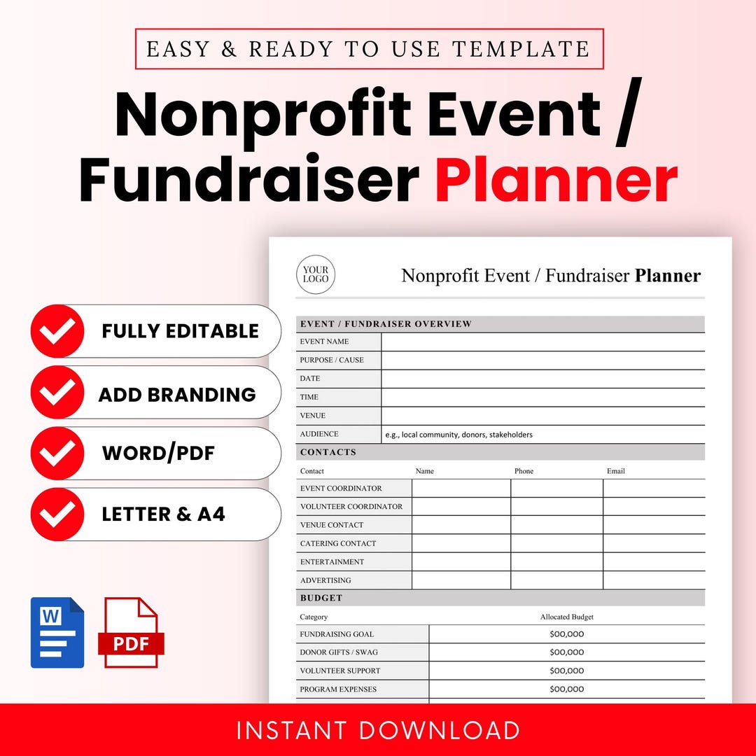 Nonprofit Event / Fundraising Planner Template – Word & PDF, A4 + US ...