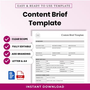 May include: A digital content brief template featuring sections for overview, brief details, and content direction. The document includes placeholders for document name, number, date, and team. Icons for Word and PDF formats are displayed alongside text highlighting features like clear scope, fully editable, branding options, and letter or A4 sizing.