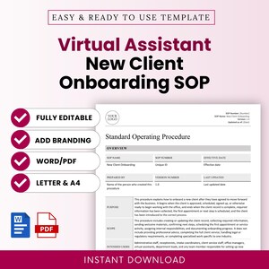 May include: A digital template for a Virtual Assistant New Client Onboarding SOP document. The layout includes sections for overview, purpose, scope, and intended users. Features include editable text fields, branding placeholders, and Word or PDF file icons.