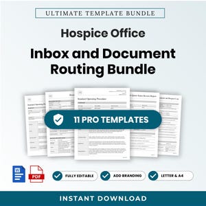 Può includere: Un pacchetto digitale di 11 modelli professionali per la gestione della posta e l'instradamento dei documenti in uffici di hospice. I documenti includono procedure operative standard e registri, con il testo "ULTIMATE TEMPLATE BUNDLE" su un banner.