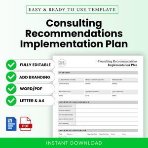 Peut inclure: Un document blanc intitulé "Plan de mise en œuvre des recommandations de conseil" avec des champs modifiables. Comprend les options "Entièrement modifiable", "Ajouter une marque" et "Word/PDF". Téléchargement instantané.