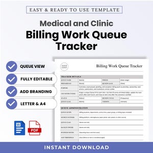 May include: A digital template for a Medical and Clinic Billing Work Queue Tracker. The document includes sections for tracker details and queue administration, with fields for names, dates, and instructions. Icons for Word and PDF are included.
