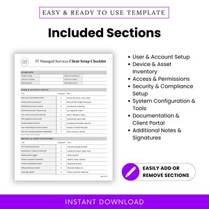 Clear view of included checklist sections: User Setup, Device Inventory, Access Permissions, Security, Configuration, Documentation, and Notes. Emphasizes easy customization and plug-and-play layout for tech professionals.