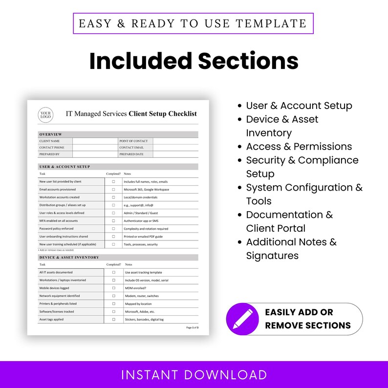 Clear view of included checklist sections: User Setup, Device Inventory, Access Permissions, Security, Configuration, Documentation, and Notes. Emphasizes easy customization and plug-and-play layout for tech professionals.