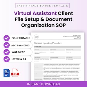 Virtual Assistant Client Setup, Document Organization SOP Template – Word & PDF, A4 + US Letter