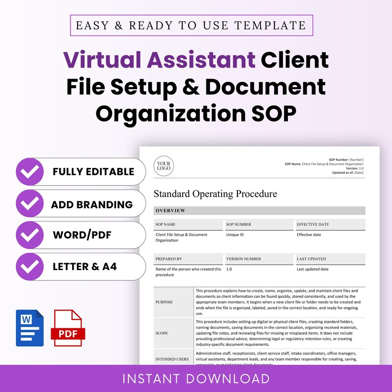 Virtual Assistant Client File Setup & Document Organization SOP Template Word and Virtual Assistant Client File Setup & Document Organization SOP Template PDF for organizing client folders, onboarding documents, task instructions, service agreements, invoices, reports, and communication records. This editable and printable VA SOP template is designed for virtual assistants, online service providers, executive assistants, admin assistants, and remote support teams.