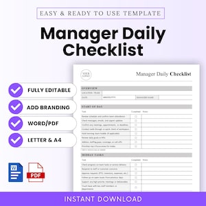 Może przedstawiać: Biały szablon listy kontrolnej Managera z fioletowymi akcentami. Lista kontrolna zawiera sekcje dla przeglądu, rozpoczęcia dnia i zadań w południe. Zawiera w pełni edytowalne opcje, dodawanie marki, Word/PDF i Letter & A4.