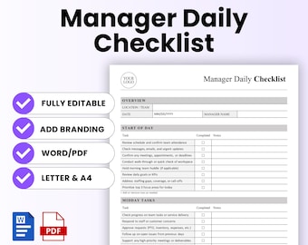 Puede incluir: Una plantilla de lista de verificación diaria del gerente en blanco con acentos morados. La lista de verificación incluye secciones para descripción general, inicio del día y tareas del mediodía. Incluye opciones totalmente editables, agregar marca, Word/PDF y Carta y A4.