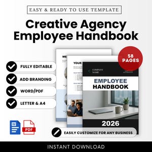 May include: A Creative Agency Employee Handbook template with the text "EASY & READY TO USE TEMPLATE" at the top. The handbook is fully editable, allows for branding, and is available in Word/PDF formats. It has 58 pages and is for 2026.