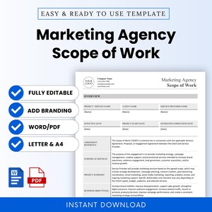 May include: A digital marketing agency scope of work template. The document is white with black text and blue checkmarks. Features include fully editable, add branding, Word/PDF, and Letter & A4 options. The words "Instant Download" are at the bottom.