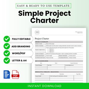 Simple Project Charter Template (Word, PDF) | Project Management Template, Templates for Project Management, Project Manager, PM Templates
