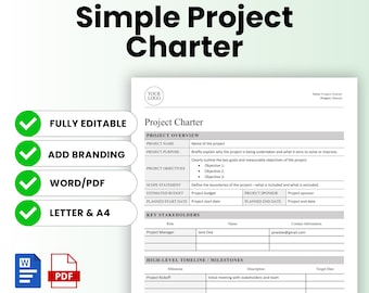 Simple Project Charter Template (Word, PDF) | Project Management Template, Templates for Project Management, Project Manager, PM Templates